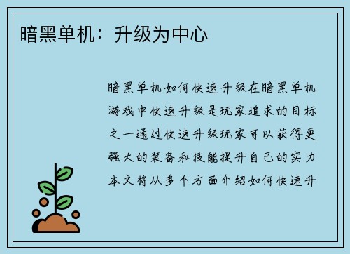 暗黑单机：升级为中心
