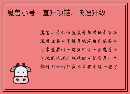 魔兽小号：直升项链，快速升级