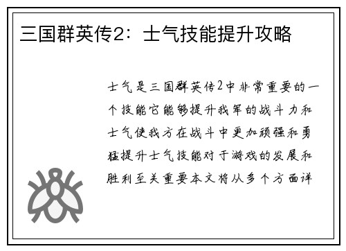 三国群英传2：士气技能提升攻略
